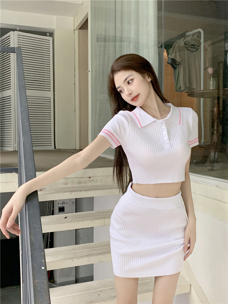 Two Piece Set Women 2022 Summer POLO Collar White Short Sleeved Knit Sweater Top Ultra-short + Elastic Slim Pack Hip Skirt Suit alx