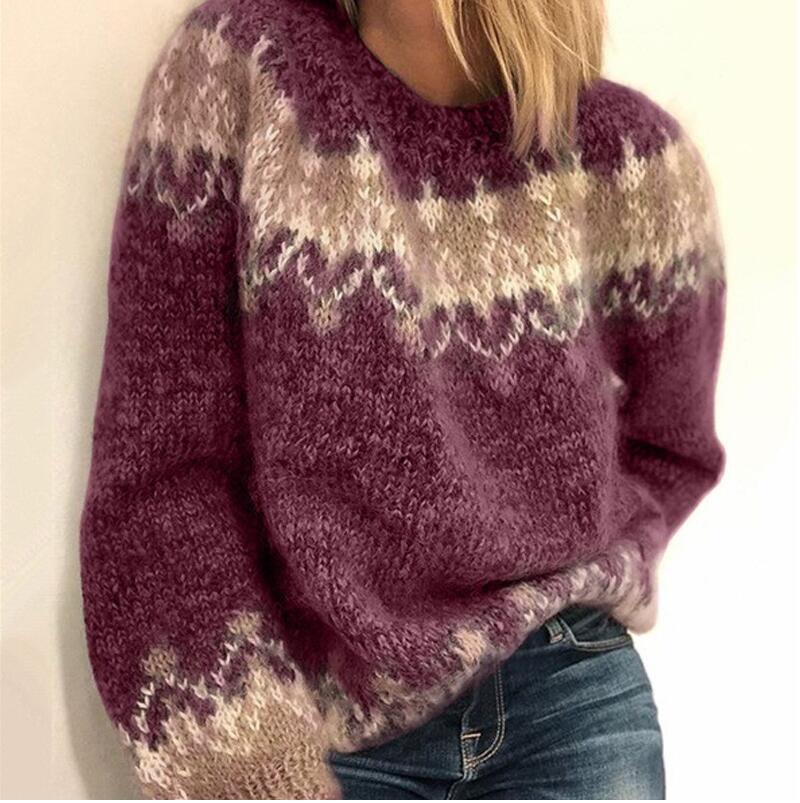 Winter Women’s Sweater Elegant O-Neck Knitted Sweater Ladies Print Long Sleeve Pullover Thicken Warm Loose Females Jumpers alx