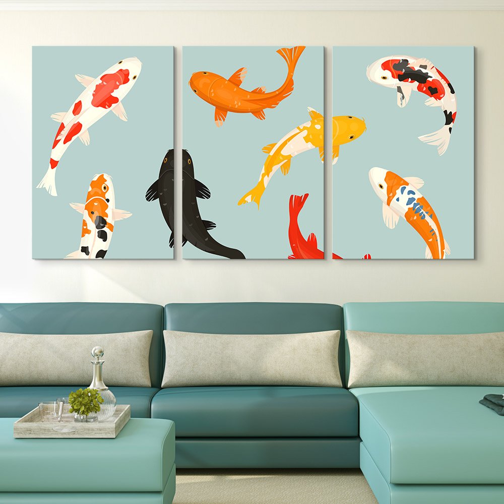 Wealth And Koi Fish Animal Painting Canvas Wall Art 3 Panel Living Room Frame