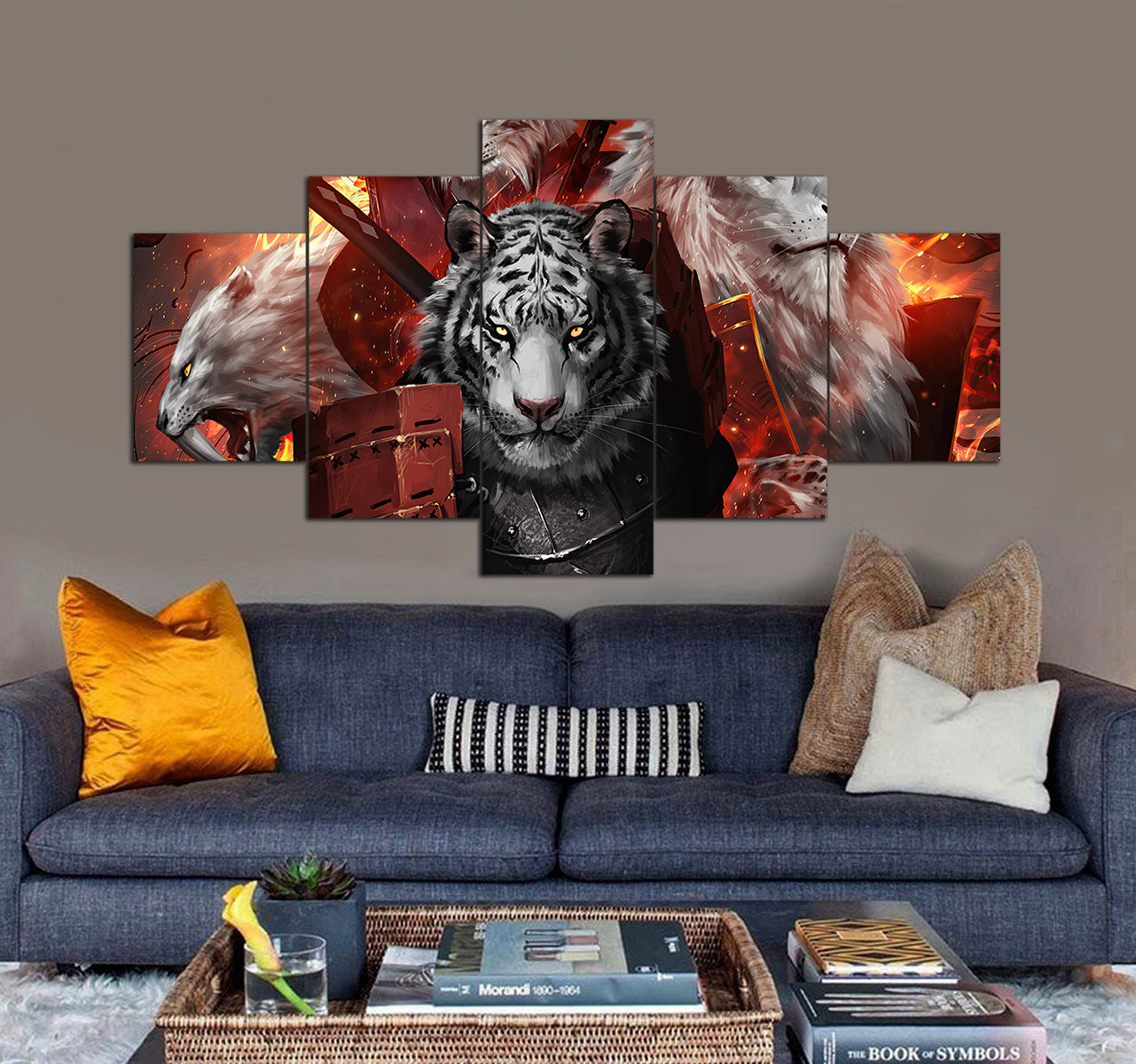 Samurai Fantasy Warrior White Tiger 3D 5 piece canvas art
