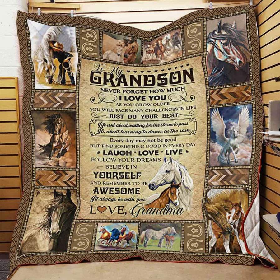 To Grandson Horse Animal Patterned Quilt Blanket – Blanket For Grandson, Gift From Grandma Family Gift Ideas