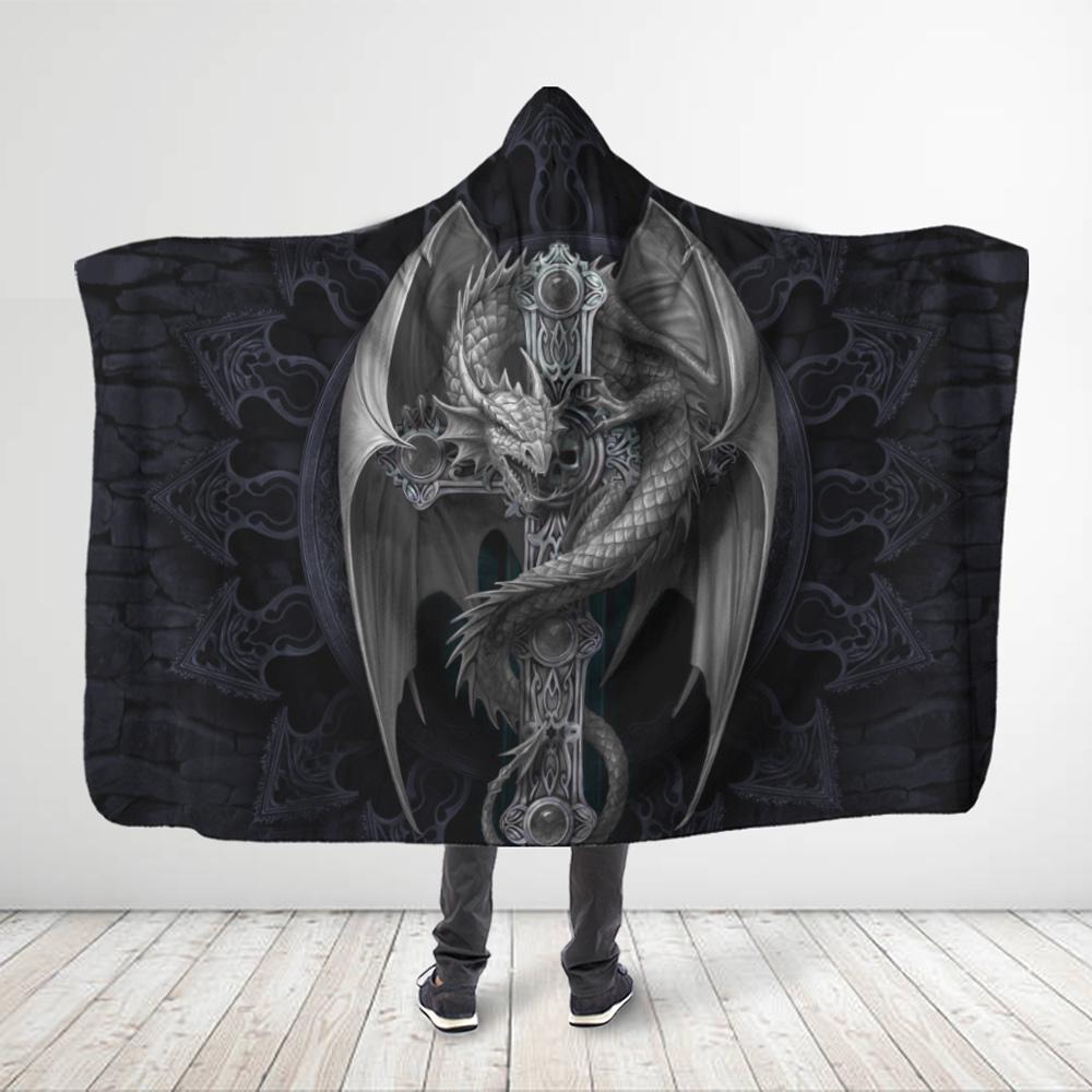 ViticStore™ Sword Flying Dragon – 3XL black grey 3D all-over printed Hooded Blanket for Dragon Lovers