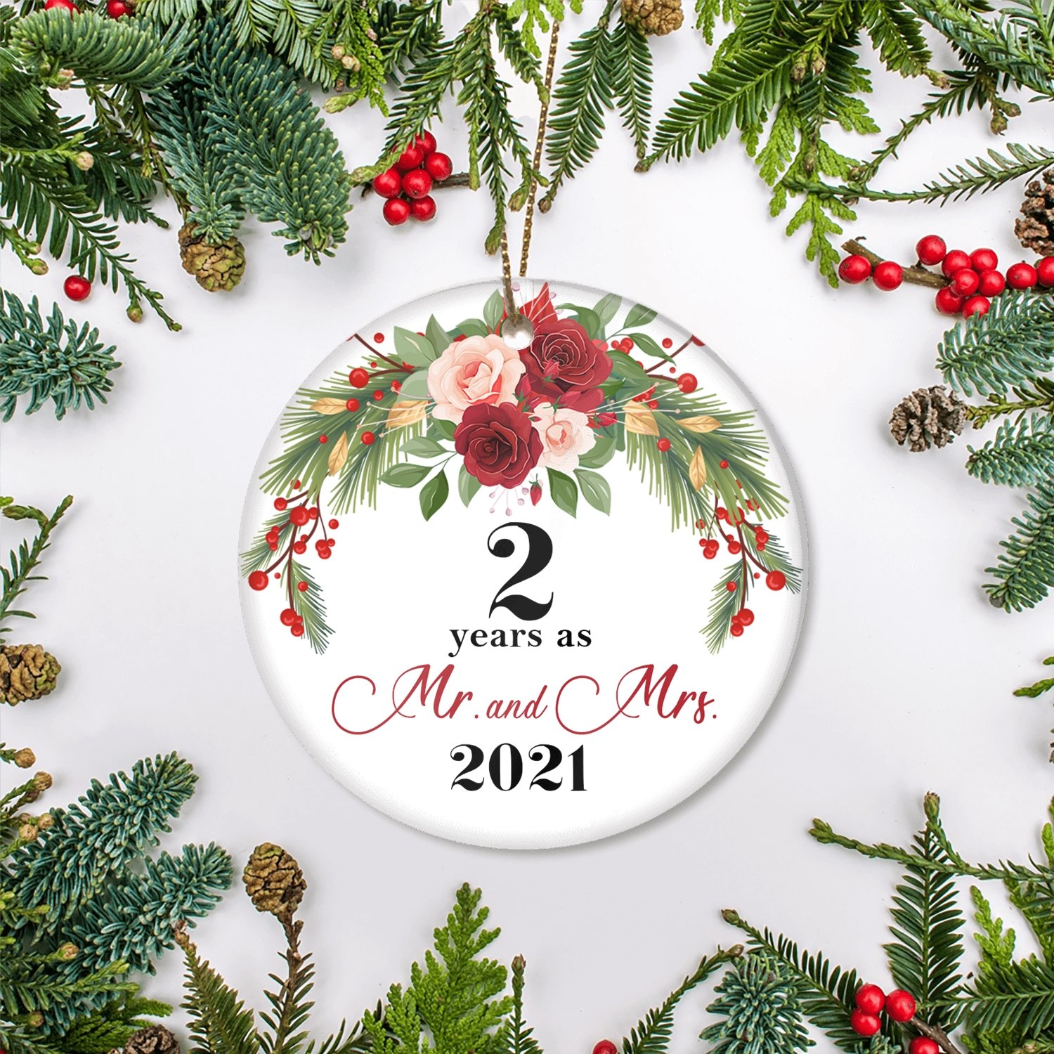 2ND WEDDING ANNIVERSARY 2 YEARS AS MR & MRS 2021 CHRISTMAS ORNAMENTS GIFTS FOR COUPLES HUSBAND WIFE HOLIDAY DECORATION CHRISTMAS TREE ORNAMENT