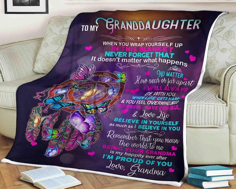 Butterfly Blanket To My Granddaughter Love Life Believe In Yourself I’M Proud Of You,Gift For Granddaughter Family Home Decor Bedding Couch Sofa Soft And Comfy Cozy