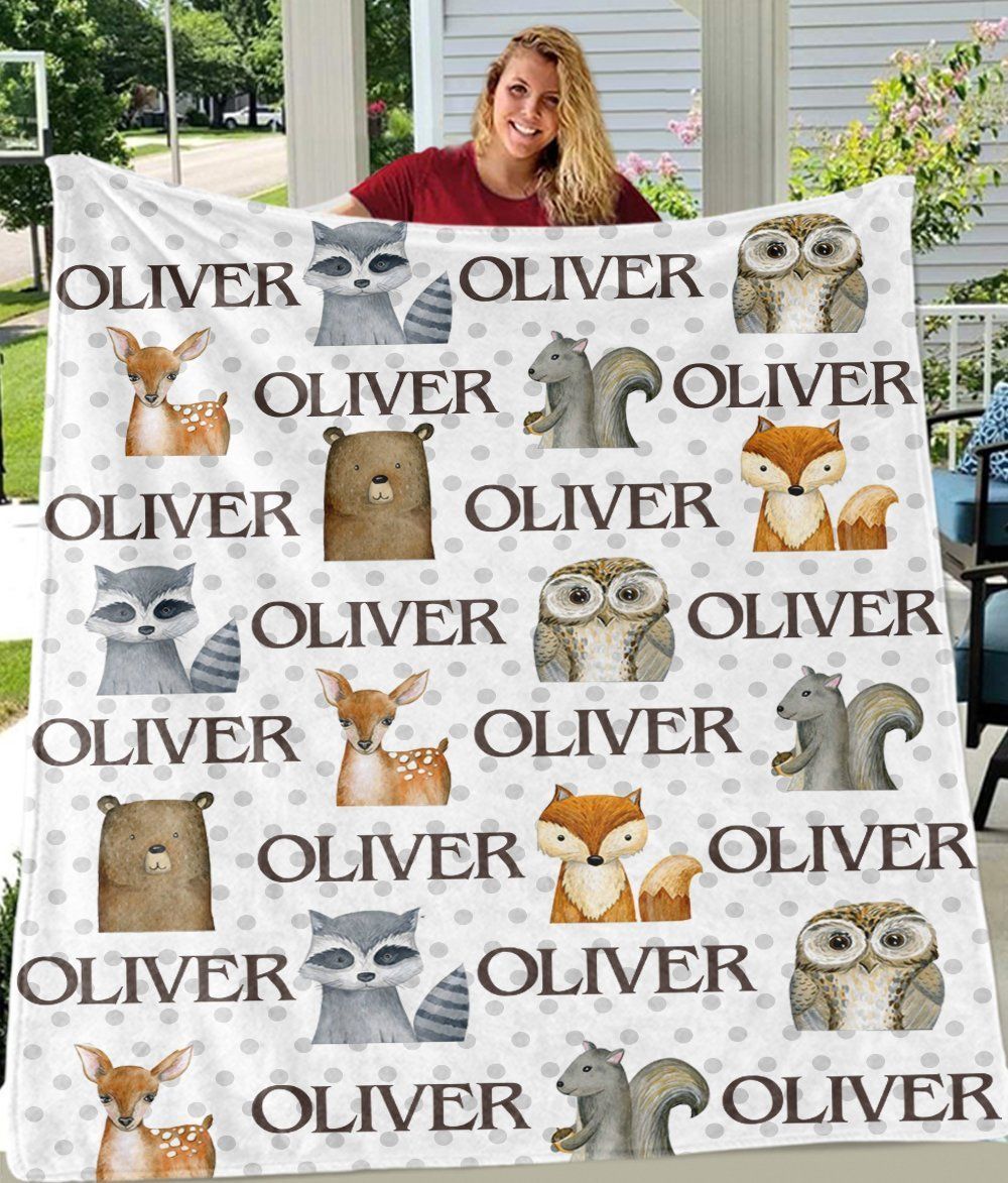 Animal Fox Owl Custom Text Name Oliver Printed Fleece Blanket