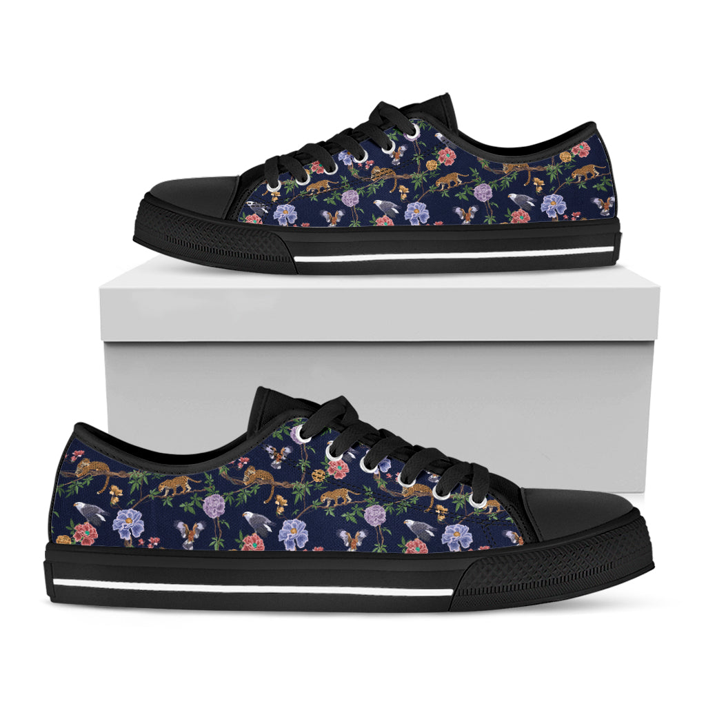 Eagle And Jaguar Pattern Print Black Low Top Shoes