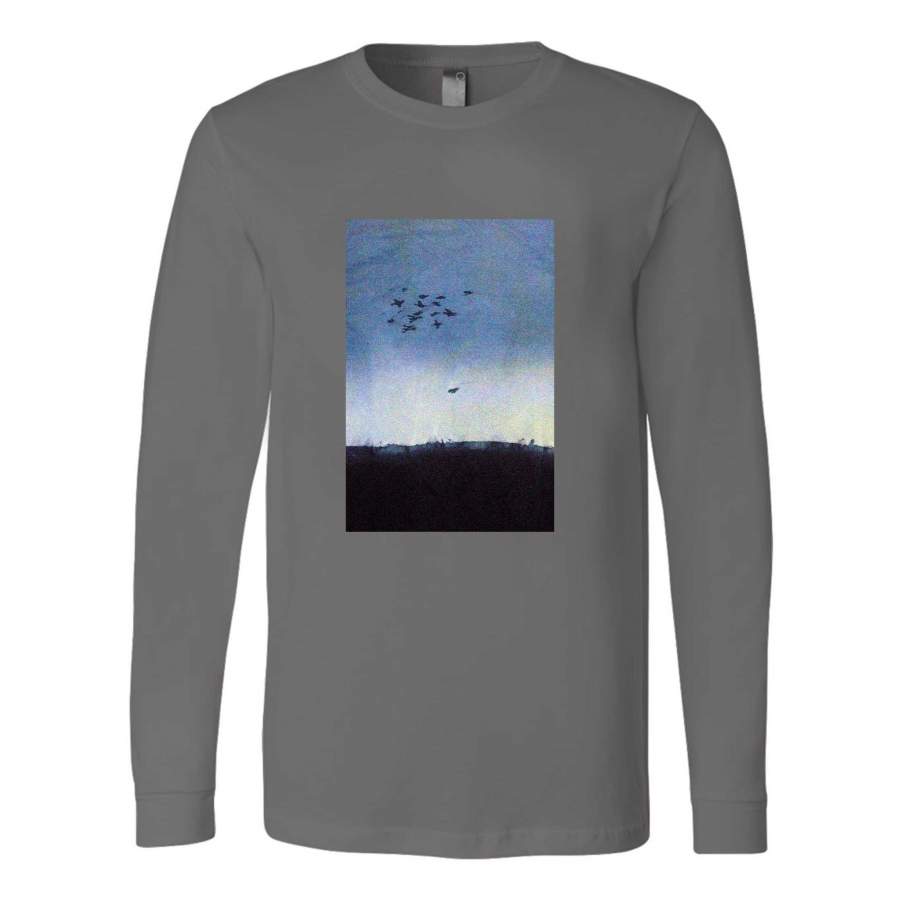 Crows And Moon Solitude Flock Nature Blue Red Yellow Long Sleeve T-Shirt