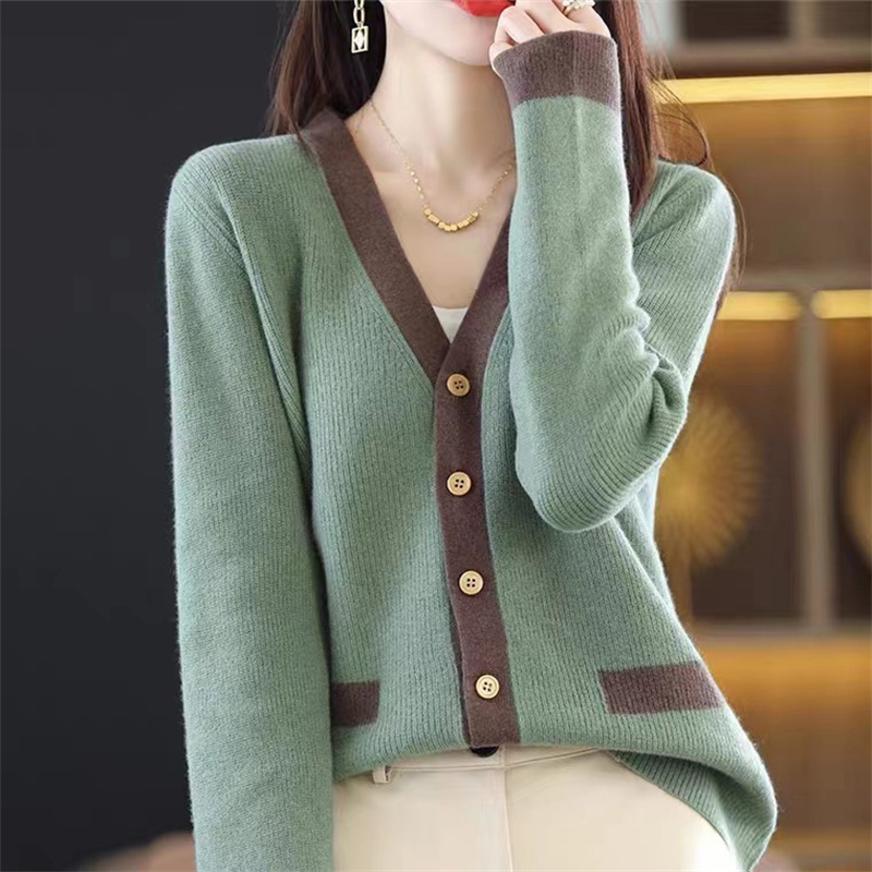 WYWM Elegant V-neck Patchwork Knitted Cardigan Women Winter Basic Single Breasted Sweaters Female Casual Simple Harajuku Tops alx