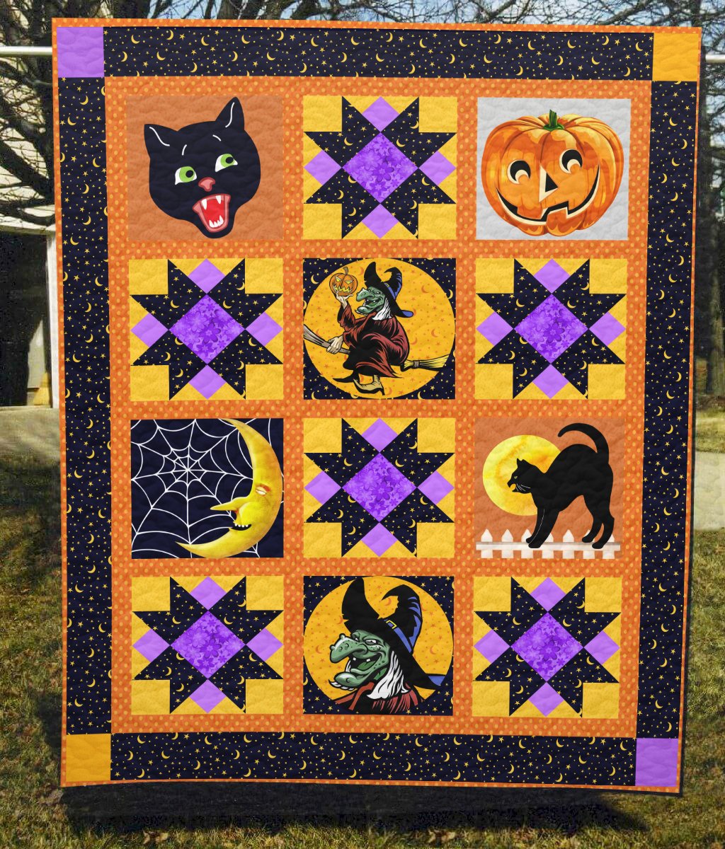 Pumpkin And Black Cat Halloween Quilt Blanket