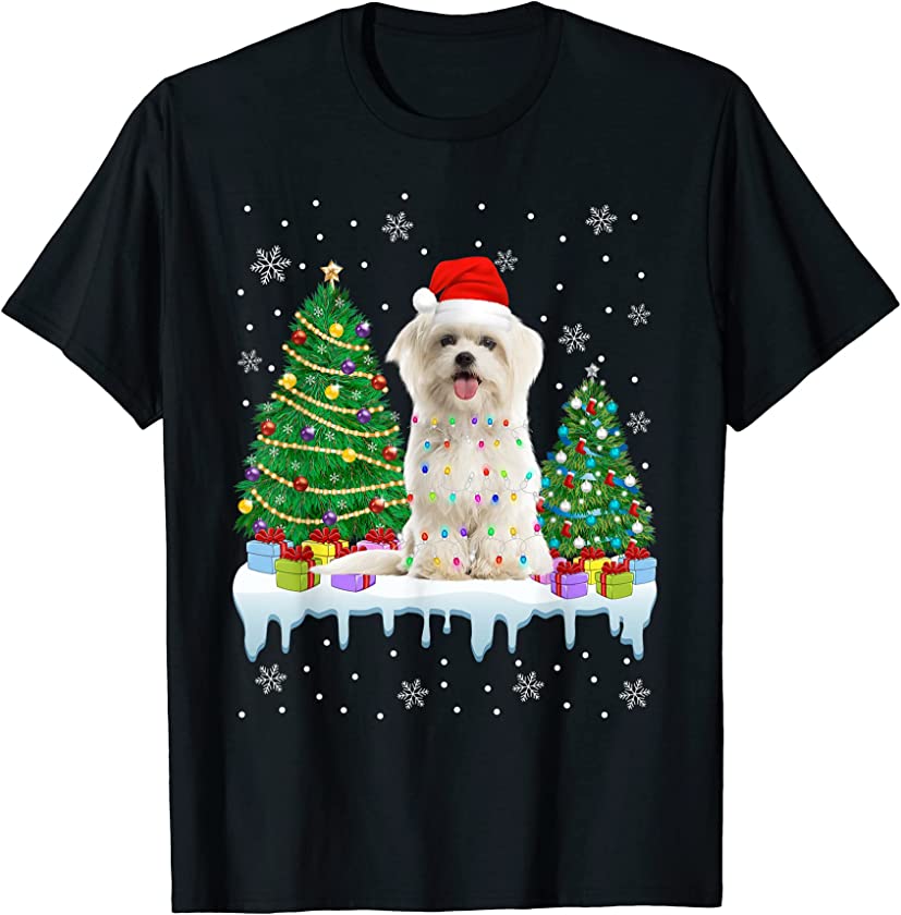 Maltese Dog Christmas Tree Funny Xmas Lights Puppy Lover T-Shirt