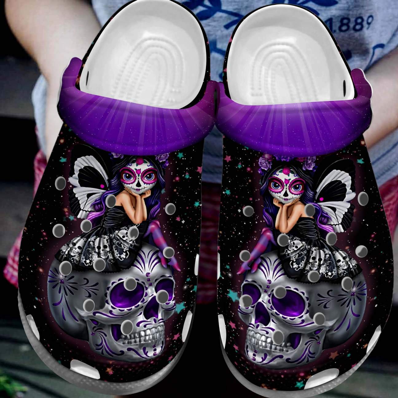 Skull Personalized Clog, Custom Name, Text, Color, Number Fashion Style For Women, Men, Kid, Print 3D Purple Girl With Skull