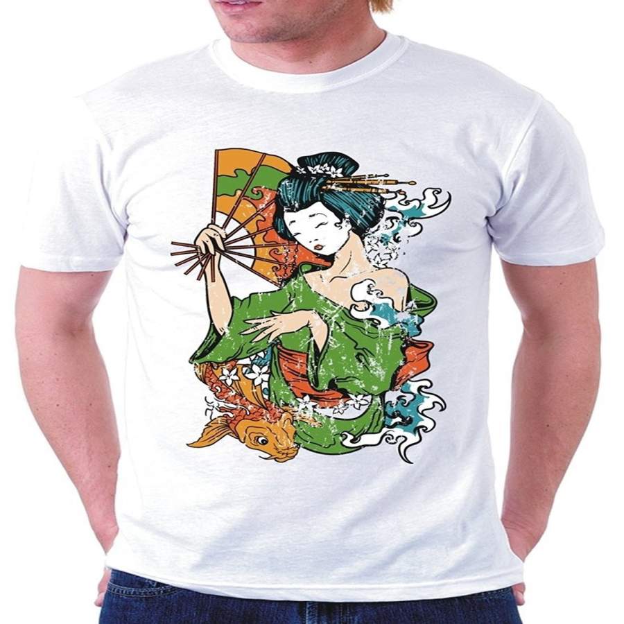 Women Holding A Hand Fan With A Fish Men’S Fashion T-Shirt