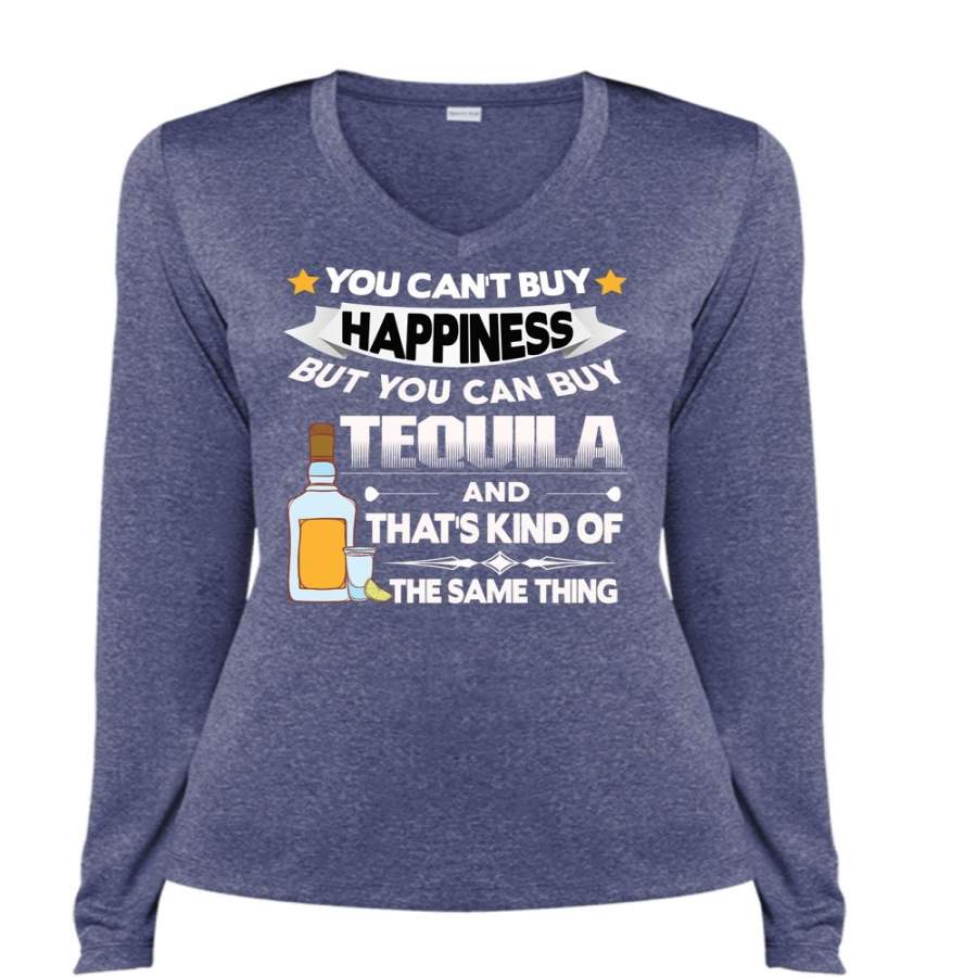 You Can’t Buy Happiness T Shirt, You Can Buy Tequila T Shirt, Cool Shirt (Ladies LS Heather V-Neck)