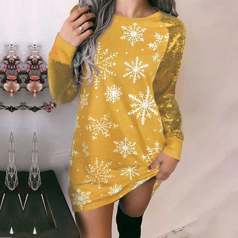 Autumn Winter Elegant Casual Party Dress 2022 Christmas Costume Fashion Snowflake Printed Long Sleeve Patchwork Sequin Dress alx