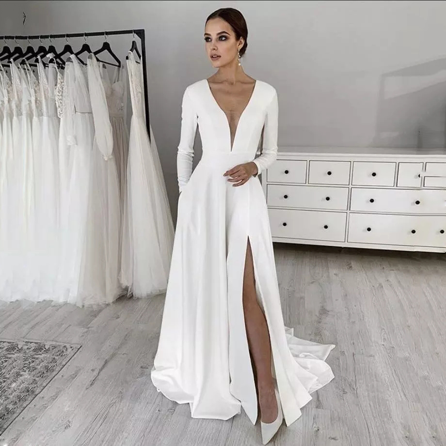 White Elegant Long Sleeve Prom Evening Dresses vestidos de noche Stretch Satin V Neck Sexy Side Slit Party robe soirée femme alx