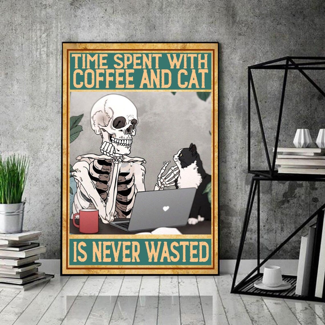 Time Spent With Coffee And Cat Is Never Wasted Canvas And Poster, Canvas Prints, My Poster Wall, Canvas Wall Art, Wall Decor Visual Art, Halloween Gift, Happy Halloween