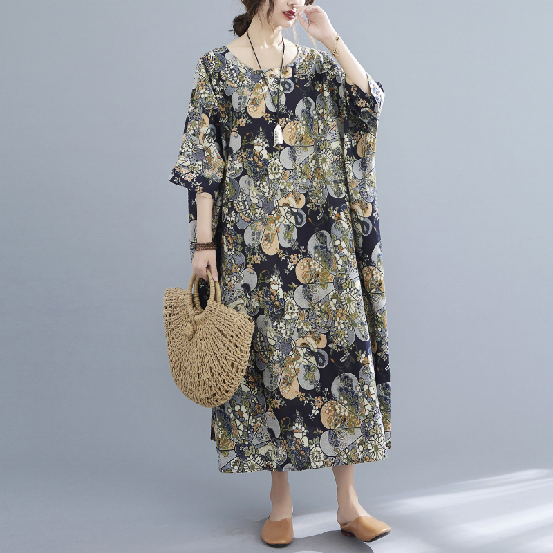 Summer Cotton Linen Vintage Floral Pattern Short Sleeve Dresses For Women Elegant Casual Loose Maxi Beach Dress Sundress 2022 alx