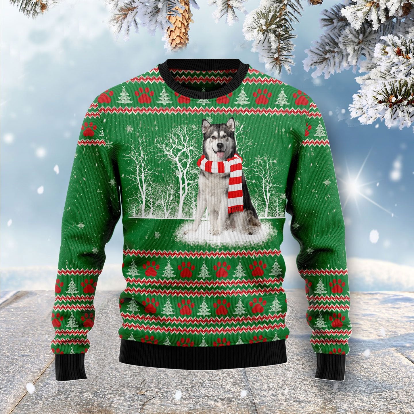 Alaskan Malamute Winter Tree Sweater, Ugly Christmas Sweater For Dog Lovers