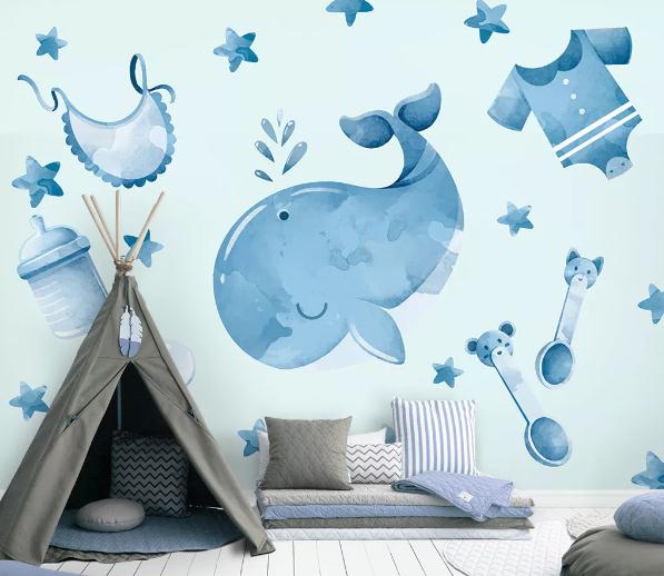 3D Nordic Fresh Color Cartoon Whales Wall Mural Wallpaperpe 436