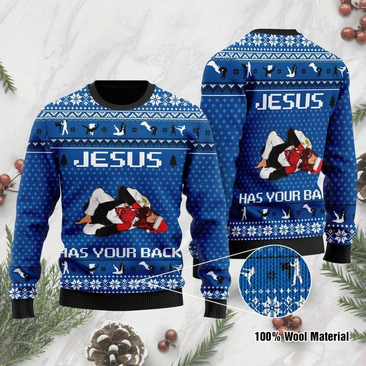 Unifinz Jesus Ugly Christmas Sweater Jesus Has Your Back Jiu Jitsu Christmas Pattern Blue Sweater 2022