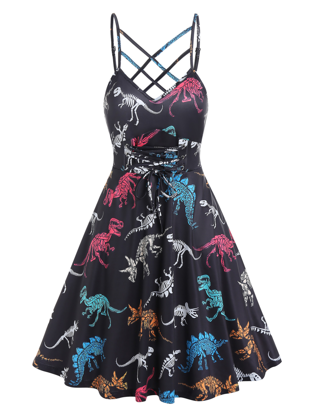 Vintage Women Dinosaur Print Sleeveless A Line Dress Summer New Fashion Midi Dress Vestidos Women Clothings alx