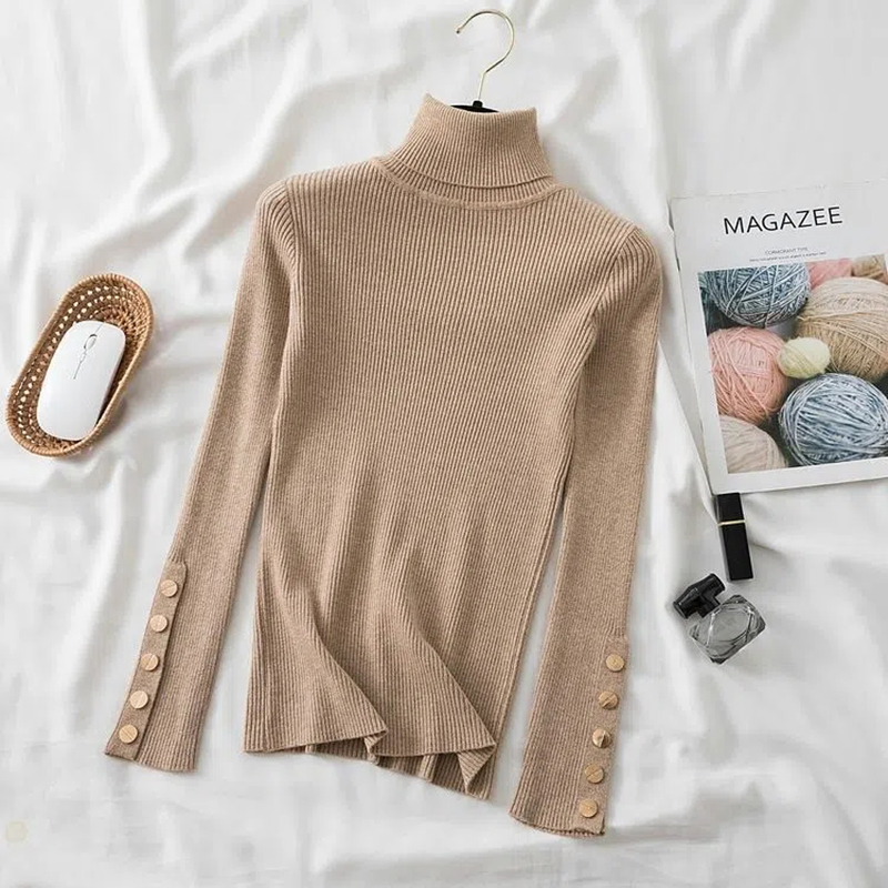 Women’s Turtleneck Sweater Button-up Long-sleeved Knitwear Knit Blouse for Lady Autumn Winter Slim Drop Shopping alx