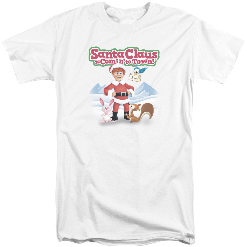 Santa Claus Is Comin To Town Animal Friends Mens Tall T Shirt White