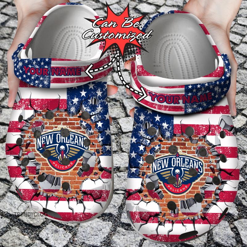 Basketball Personalized NO Pelicans American Flag Breaking Wall Clog Shoes