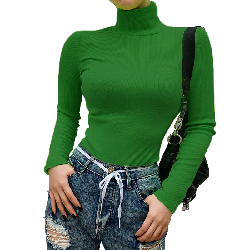 Women Knitted Ribbed Clothes Neon Green Turtleneck Sweaters Shirts Long Sleeve Top Slim Fit Winter Autumn Shirt Pullover M0243 alx