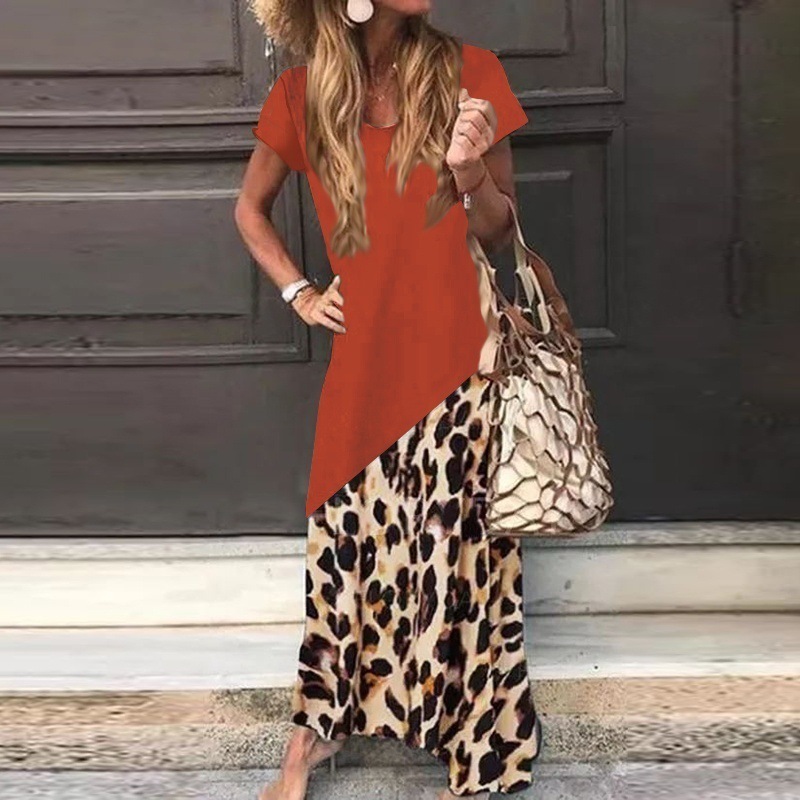 Women’s Summer Loose Bohomian Long Dress Casual Short Sleeve Leopard Printed Maxi Dress Plus Size alx