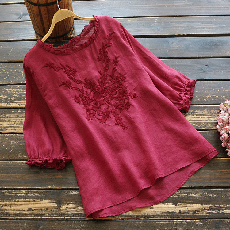 2021 Cotton Loose Embroidered Women Blouse Shirt Female Summer Half Sleeve All Match Breathable Thin National Style Top 4XL alx