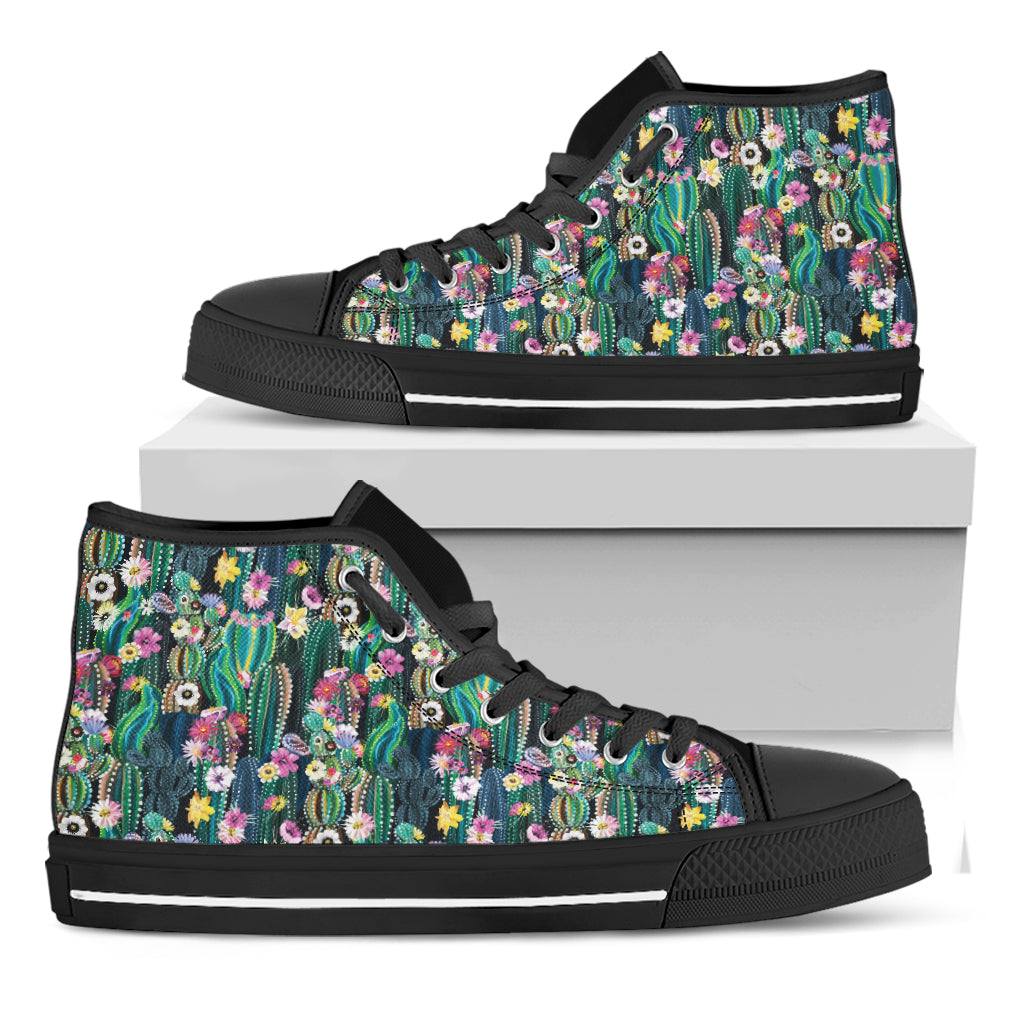 Watercolor Blooming Cactus Print Black High Top Shoes