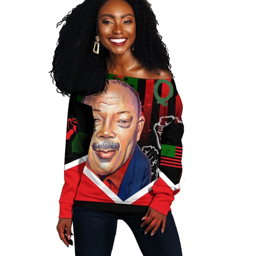 Wonder Print Shop Sweatshirt – African American Flag Quincy Jones Women Off Shoulder