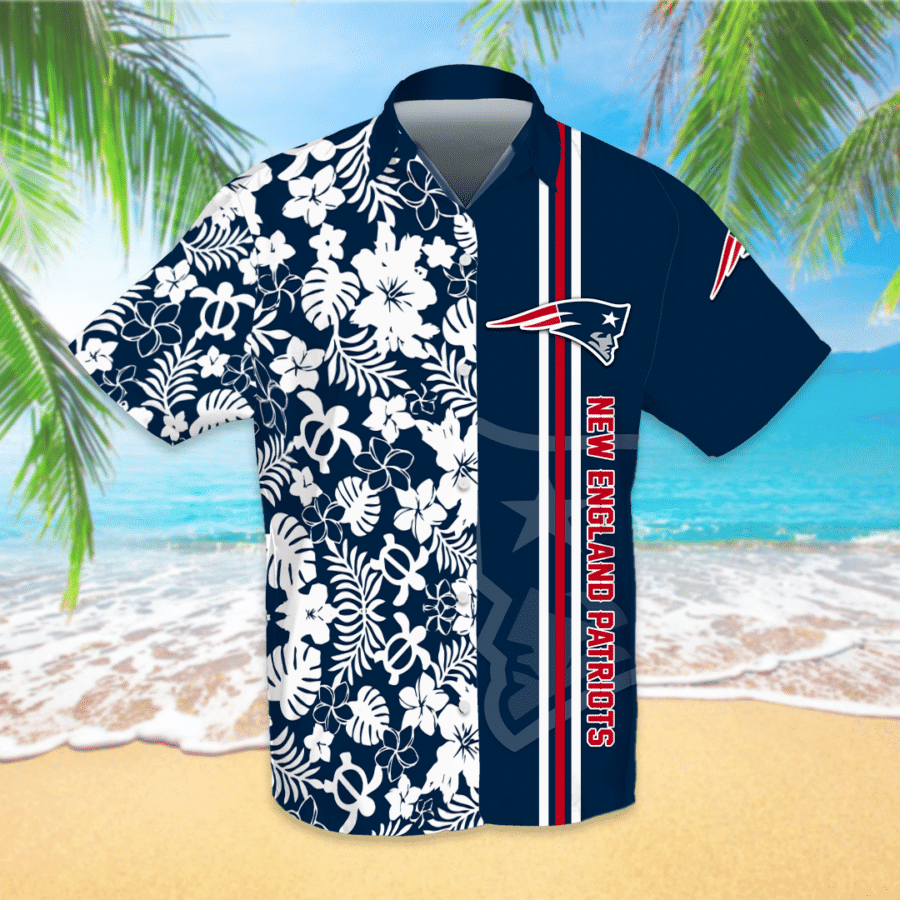 New England Patriots All Over Print 3D Flowery Short Sleeve Dress Shirt Hawaiian Summer Aloha Beach Shirt – Navy-Tph