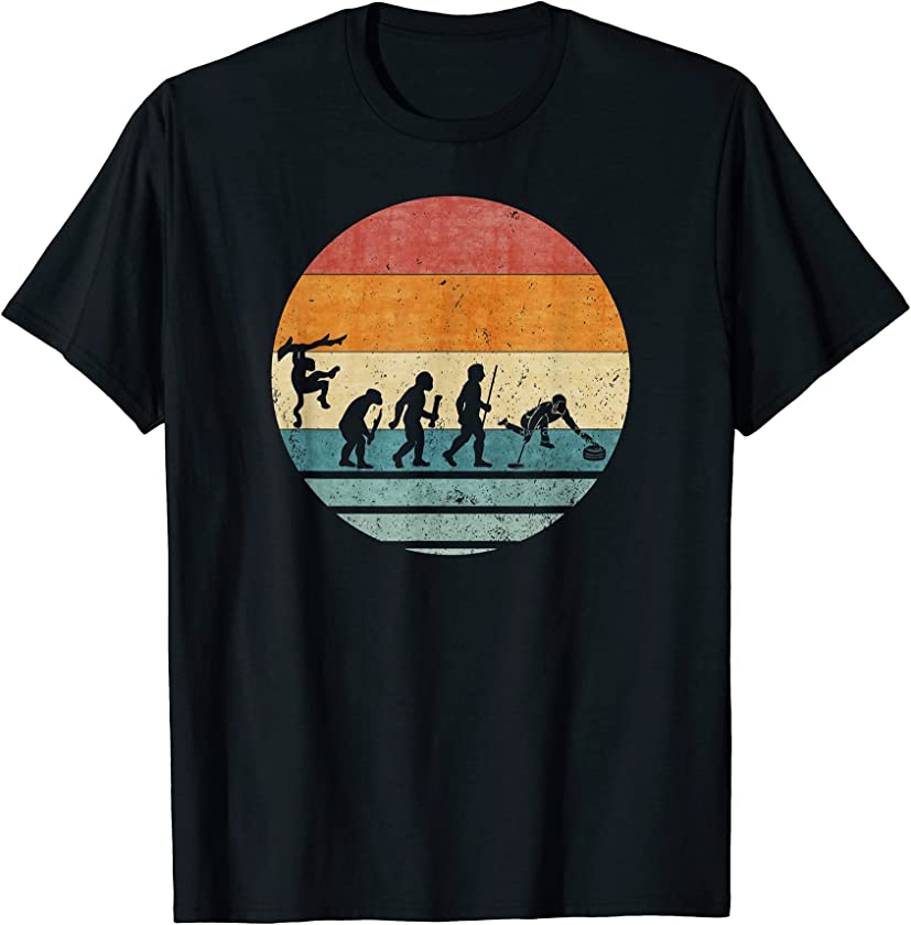 Vintage Retro Evolution Of Curling Player Curler Silhouette T-Shirt