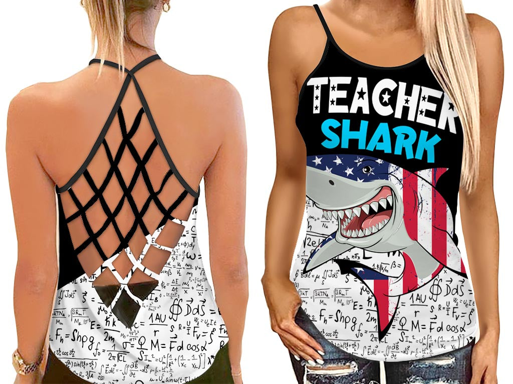 Shark Math Teacher Tank Top Shirt Women – Cool Teacher Cross Open Back Camisole Tank