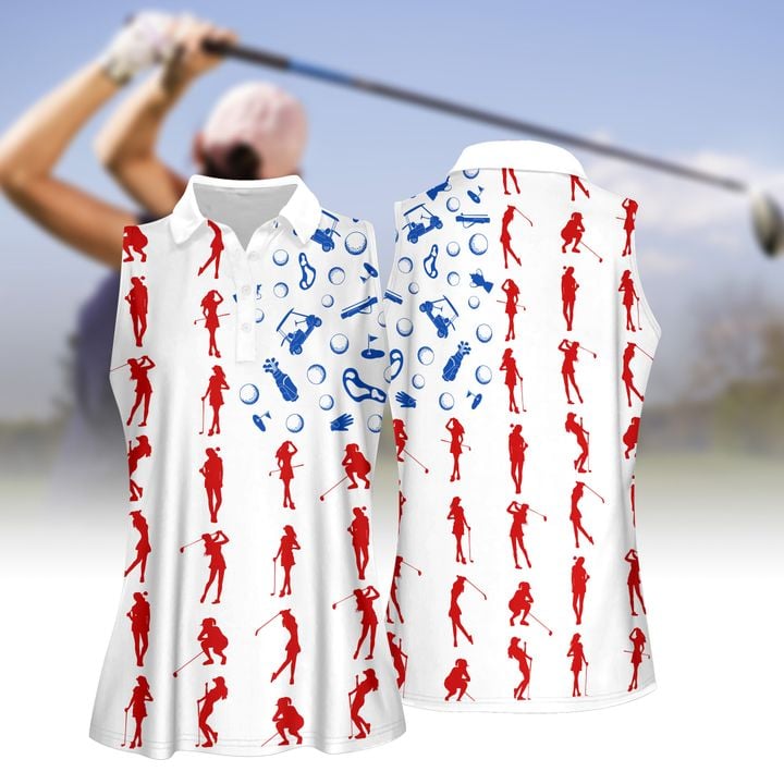 Golf Silhouette American Flag Patriotic 4Th Of July Women Short Sleeve Polo Shirt, Sleeveless Polo Shirt