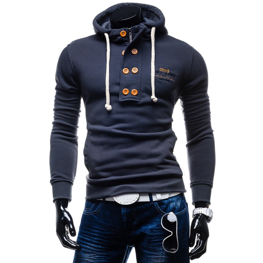 Solid Color Button Hoodies – Pullover Standing Collar Blue Grey Hoodie