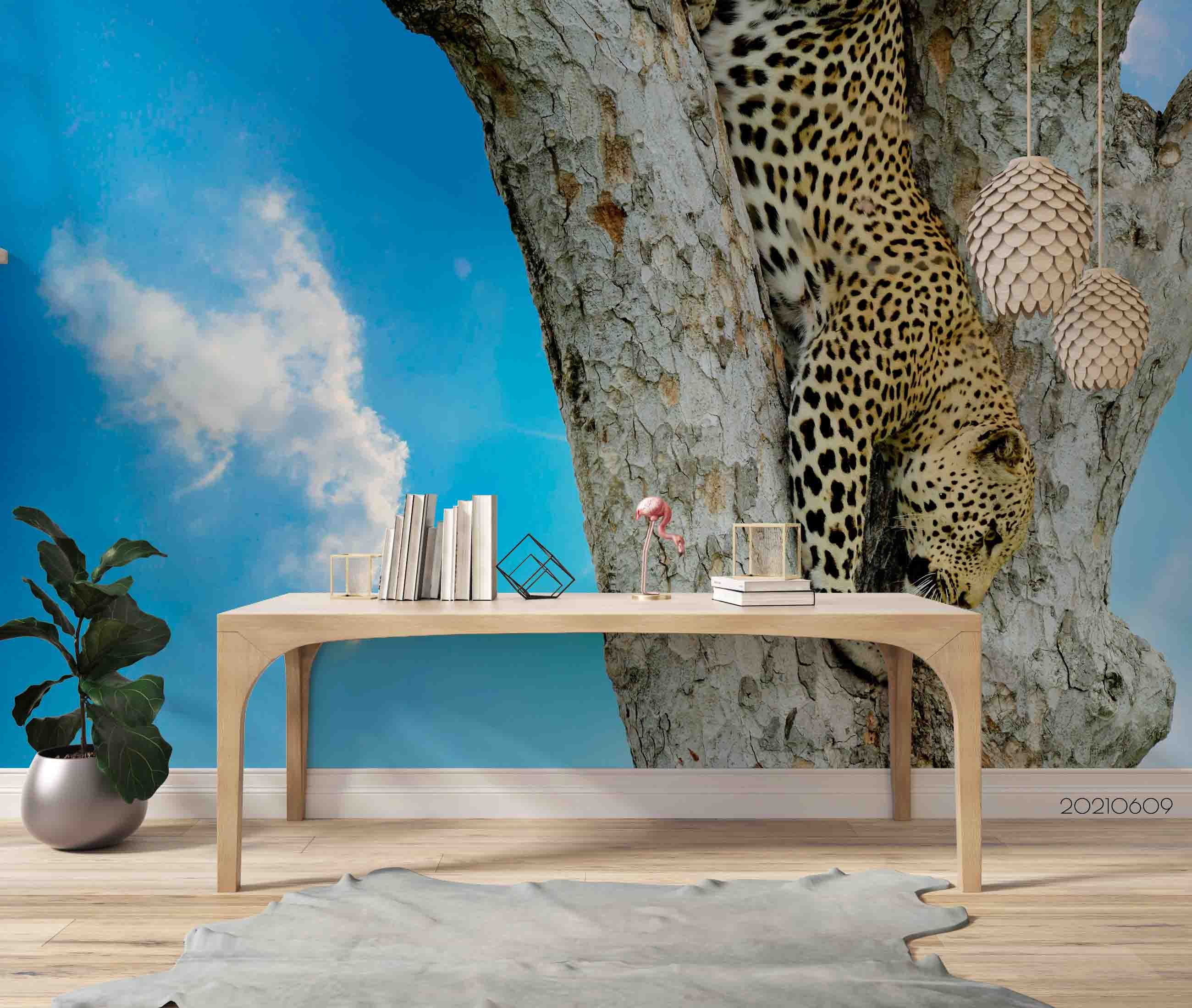 3D Leopard Climb Trunk Blue Sky Wall Mural Wallpaper Sww1720