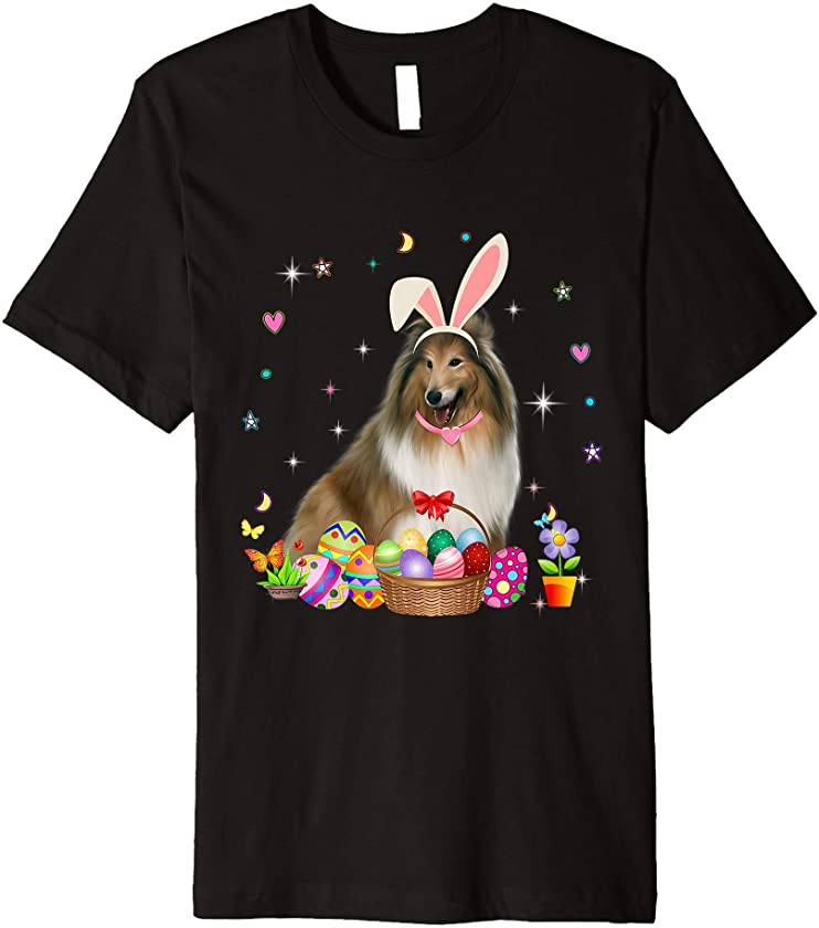 Cute Shetland Sheepdog Easter Day Bunny Eggs Easter Womens Premium T-Shirt