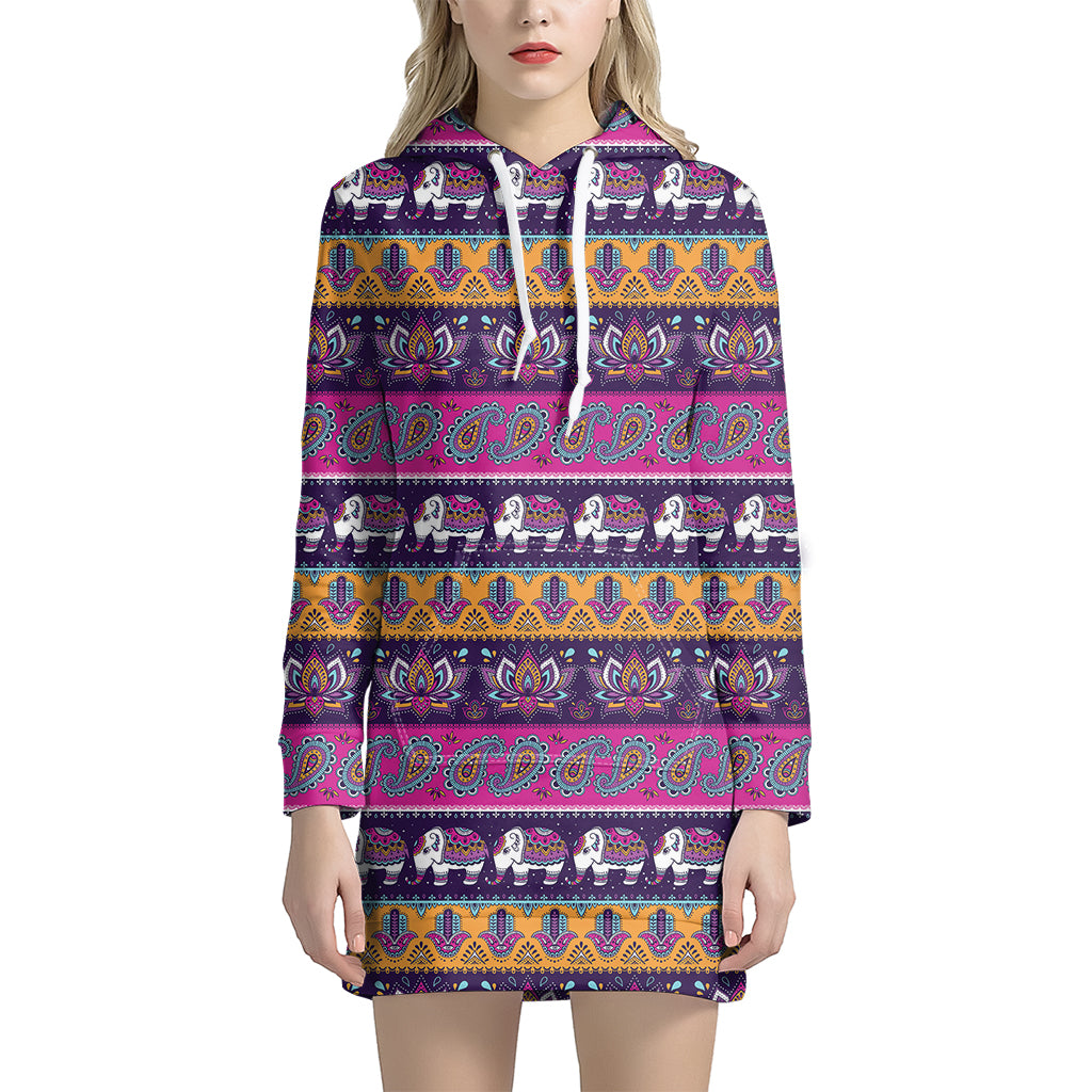 Paisley Elephant Hamsa Pattern Print Women’S Pullover Hoodie Dress