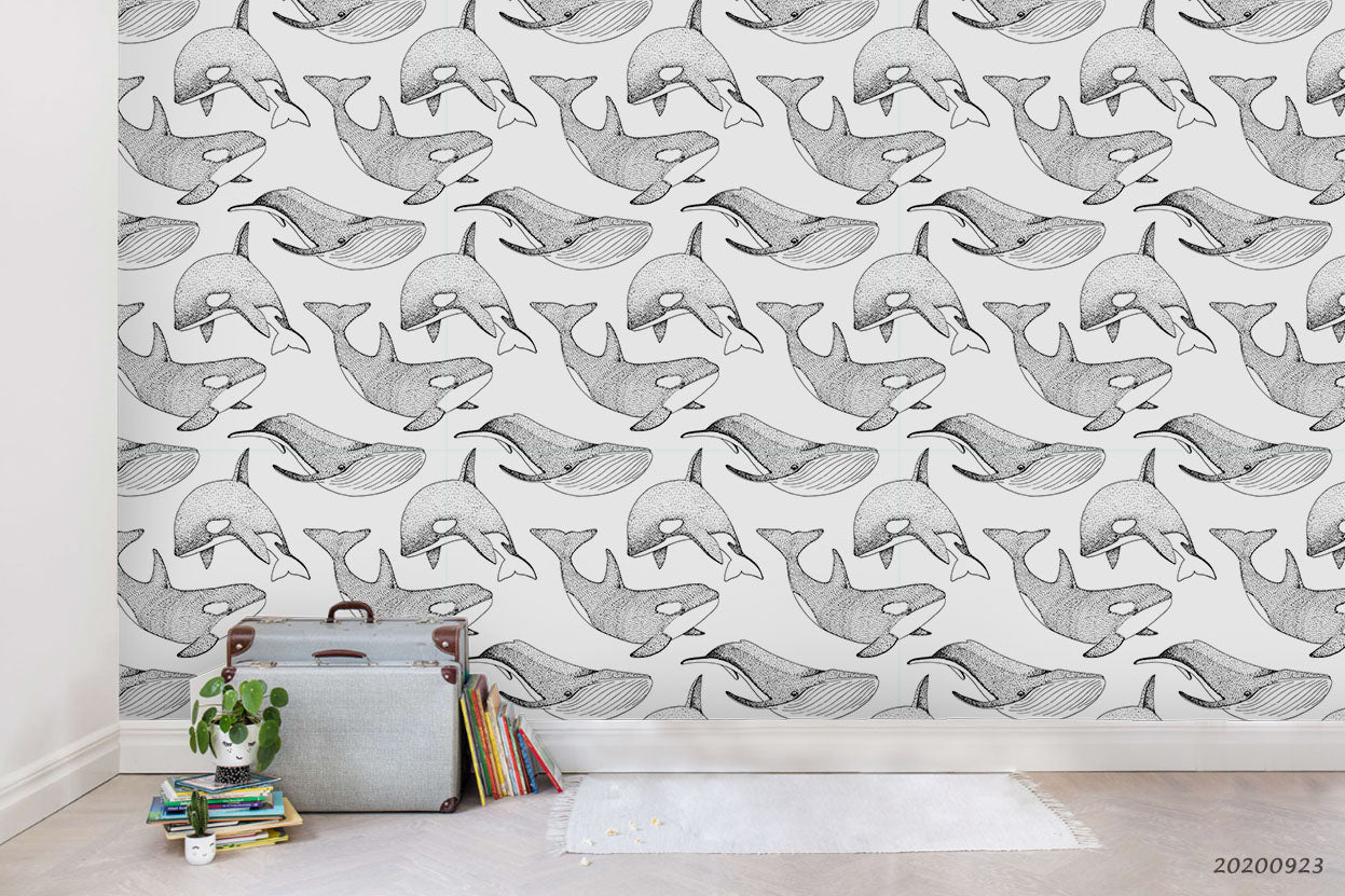 3D Cartoon Pattern Whales Wall Mural Wallpaper Wj 3184