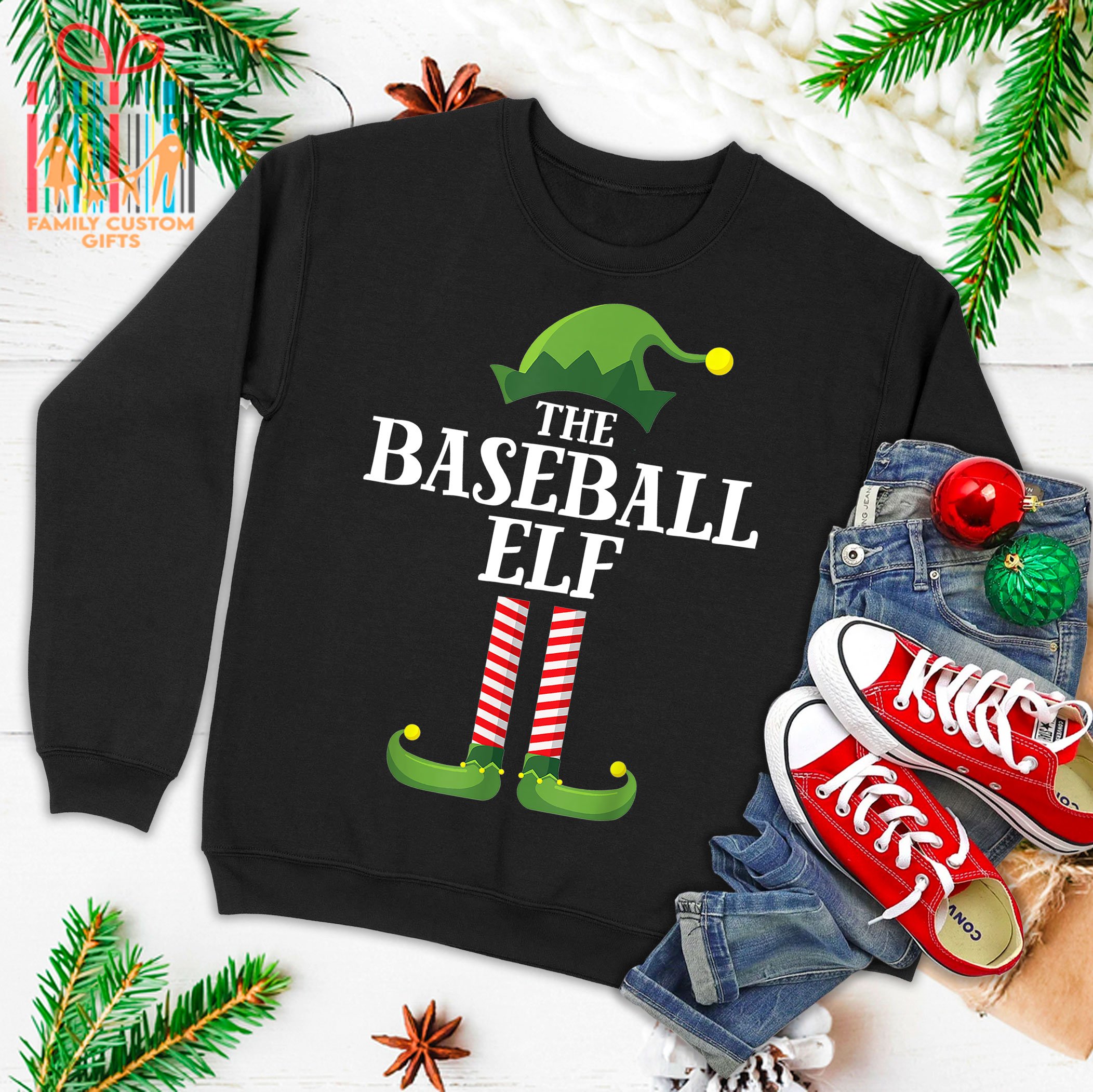 Baseball Elf Matching Family Group Christmas Party Pajama Ugly Christmas Sweater 2023 T-Shirt