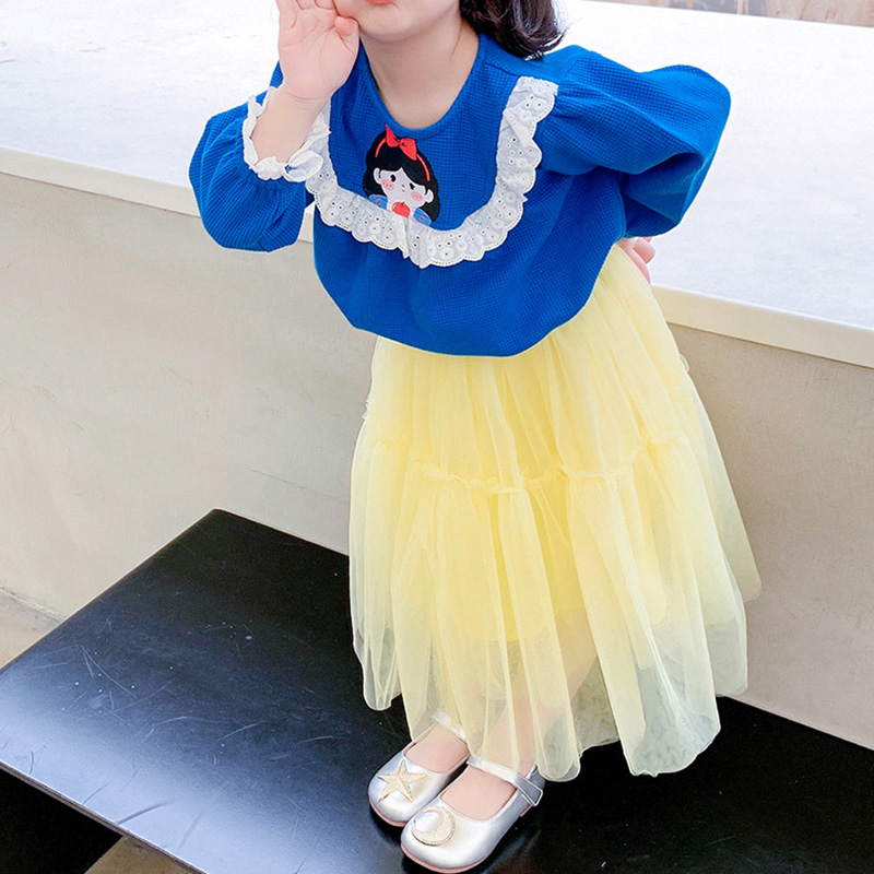 2022 New 2-9 Year Old Girls Dress Set Autumn Long Sleeve Cute Dressse Disney Snow White Princess Dress Set Sweater Mesh Dress alx