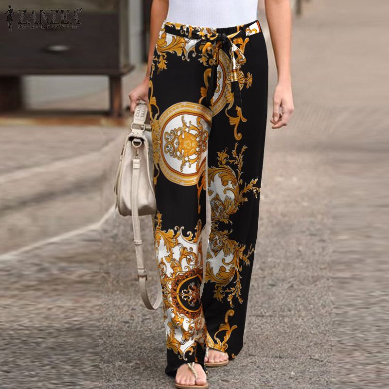 ZANZEA Stylish Floral Pants Women Print Trousers Drawstring Elastic Waist Pantalon Palazzo Female Casual Autumn Turnip Oversized alx