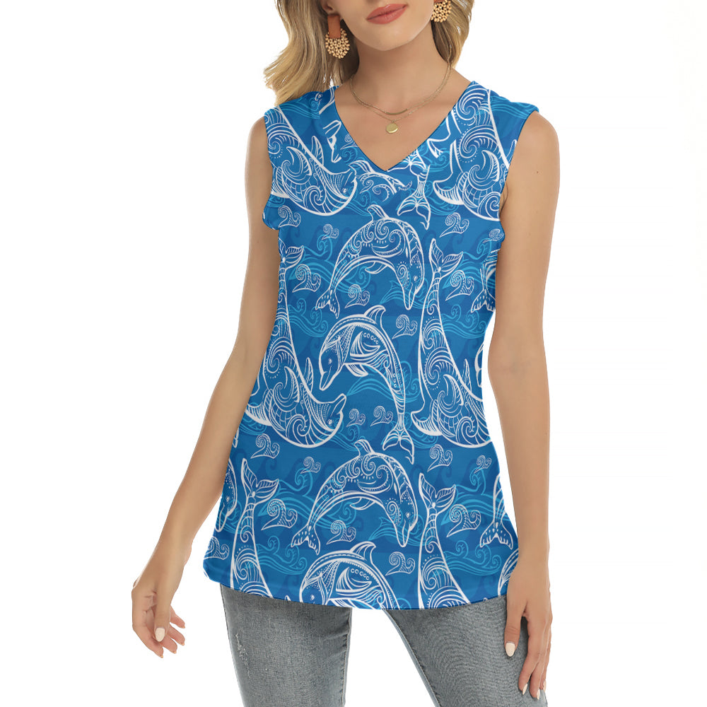 Blue Dolphin Pattern Sleeveless V-Neck T-Shirt