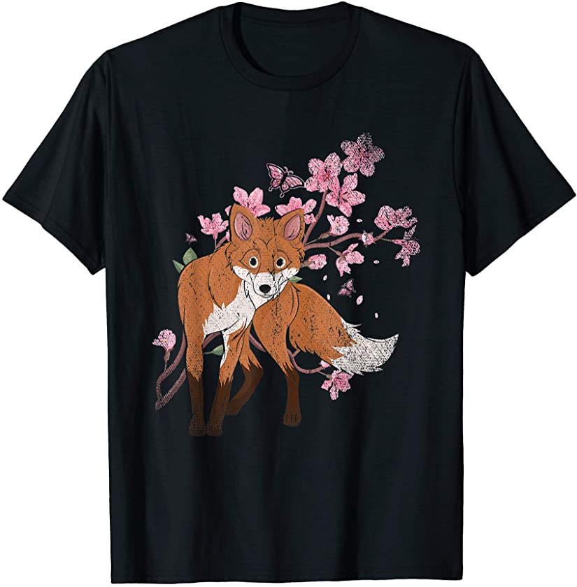 Sakura Wild Animal Lover Girls Women Gift Cherry Blossom Fox T-Shirt