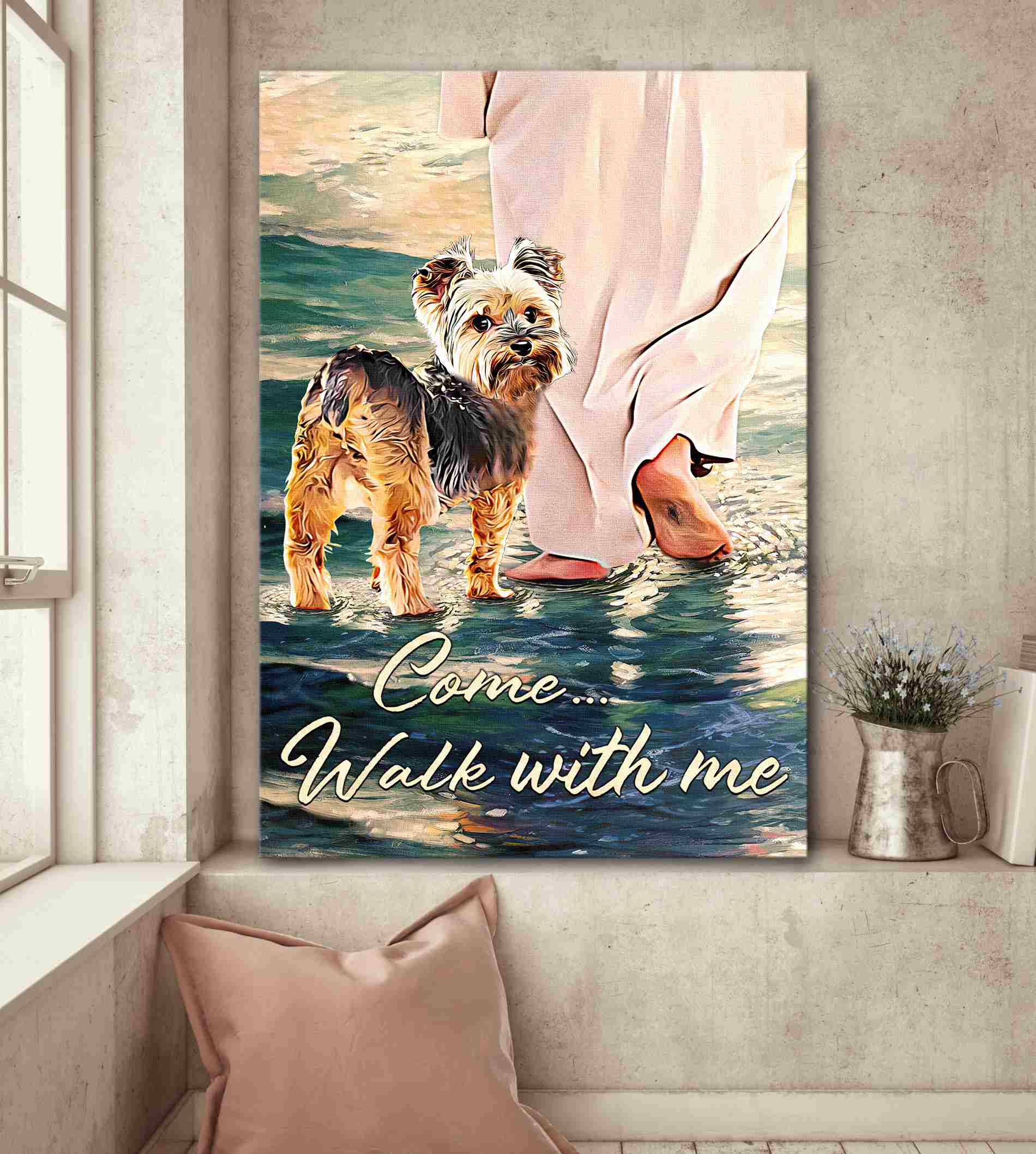 Yorkshire Terrier Walks With God Canvas Wall Art Home Decor