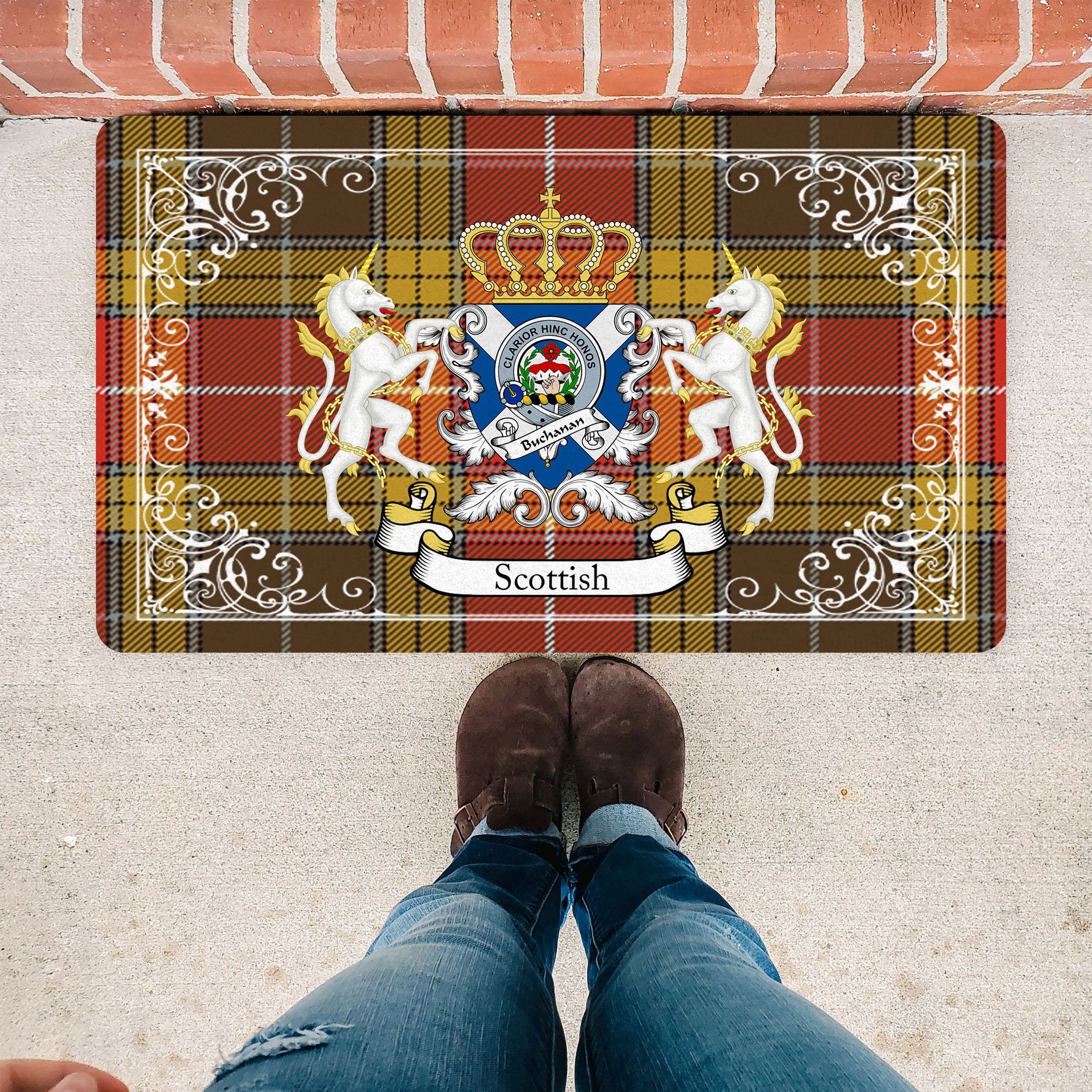 Scotstee Shop Tartan Door Mat Buchanan Old Set Weathered Clan Badge Tartan Scottish Plaid Doormat, Christmas Door Mat