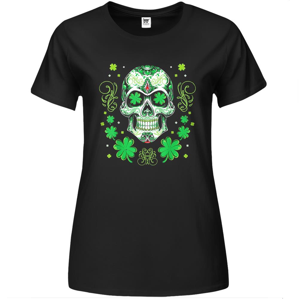 Sugar Skull Shamrock With Leopard Turban St. Patrick’S Day Premium Womens T Shirts